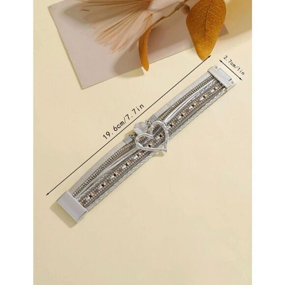 Bohemian Silver Polyurethane Cubic Zirconia & Heart Decor Layered Bracelet - Picture 3 of 4